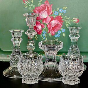 vtg assorted crystal candle holders lot/6 votive taper glass holders wedding dec